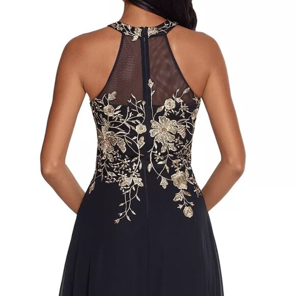 Betsy & Adam Petite Sleeveless Floral Applique Illusion Gown Black/Gold (NWT) 8P - Picture 3 of 4